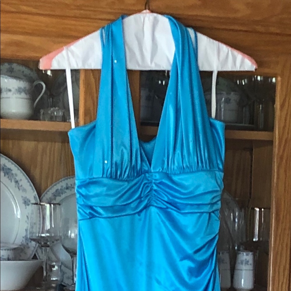Sky Blue Halter High Low Party Dress